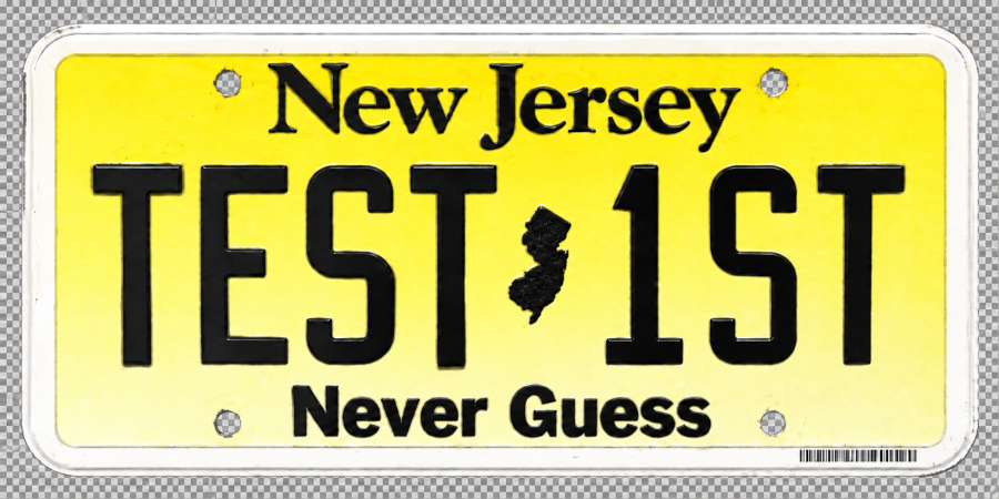 New Jersey custom plate reading TEST 1ST, Never Guess