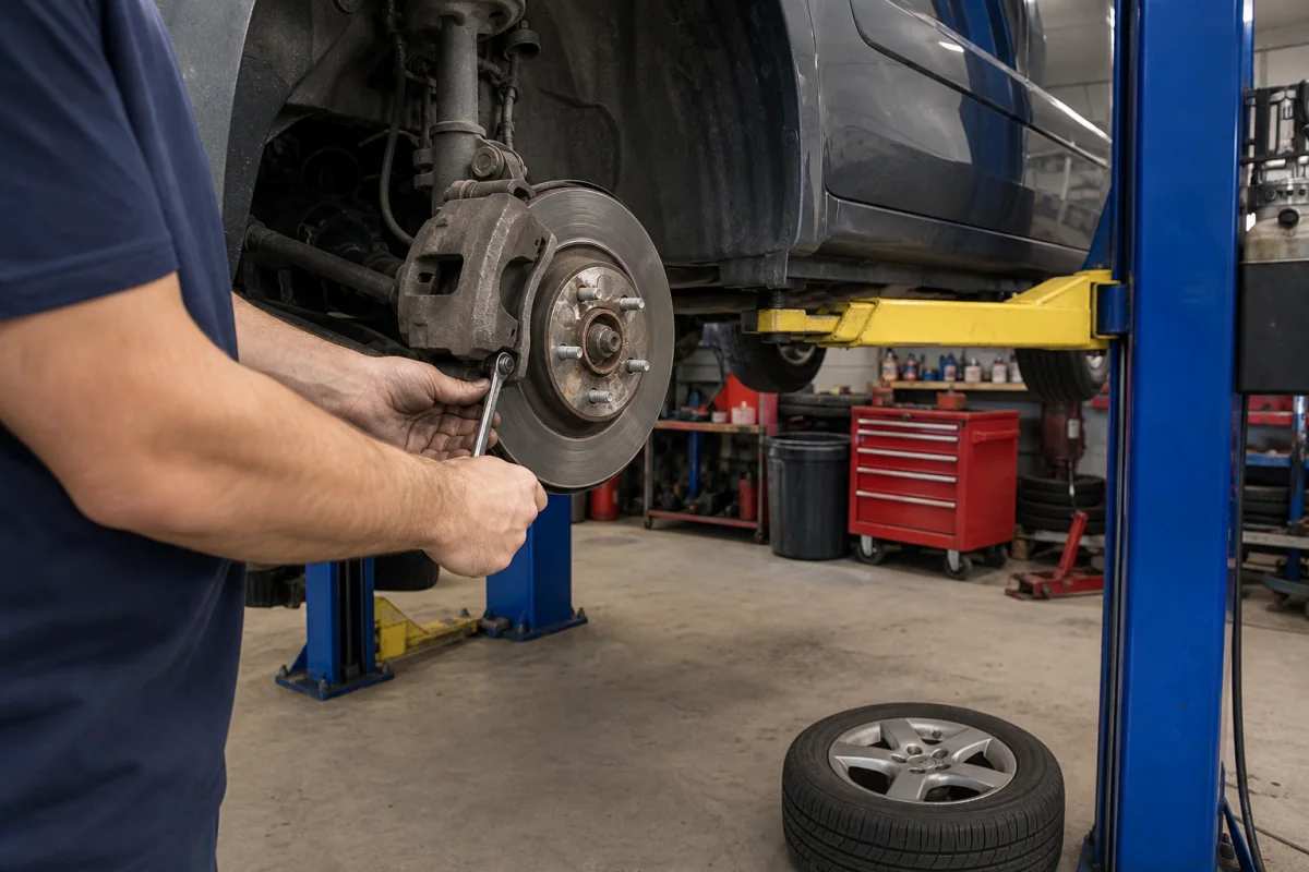 Mechanic servicing a vehicle brake assembly beside a tire