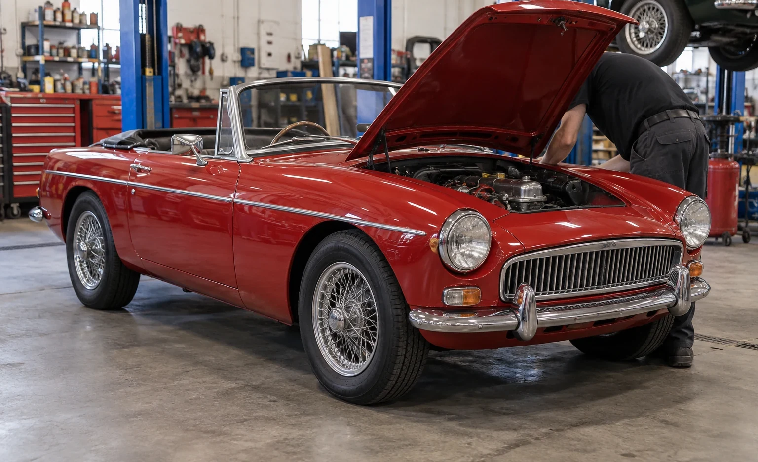 Classic red roadster being maintained inside an independent auto repair garage