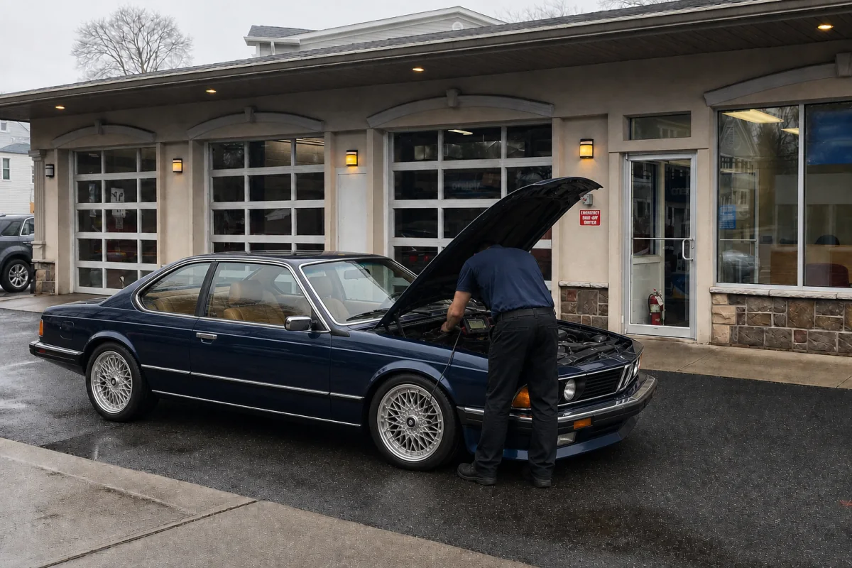 A mechanic inspecting a classic sedan outside an auto service shop