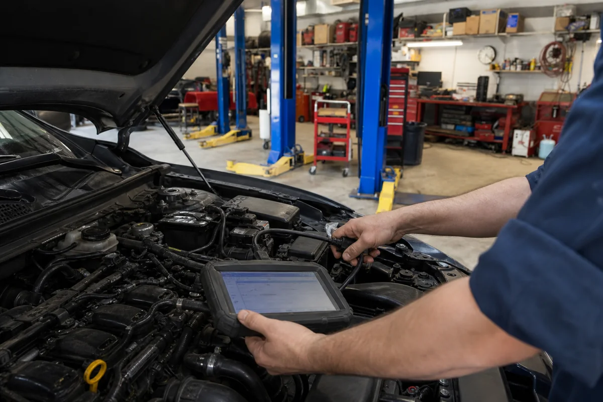 Mechanic using diagnostic equipment in an open engine bay