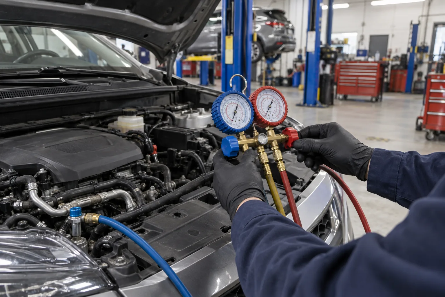 Mechanic using manifold gauges while servicing a vehicle climate system