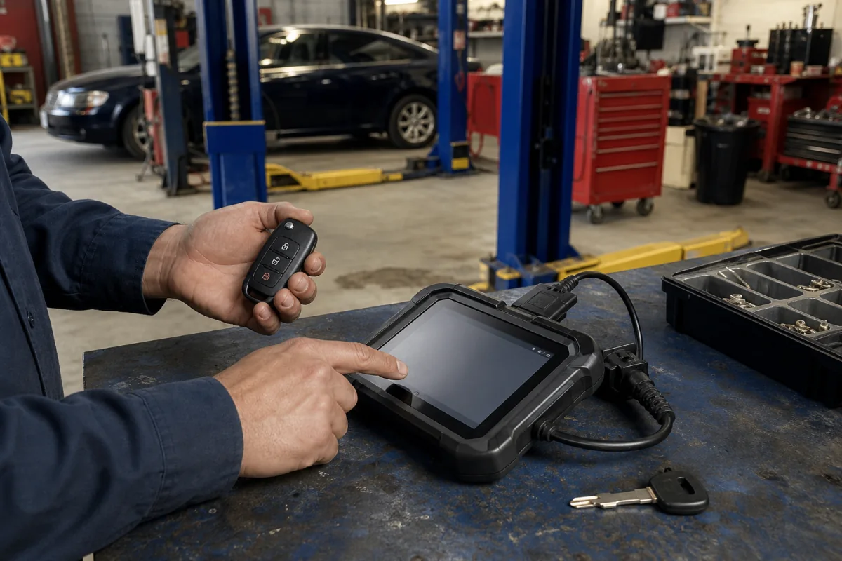 Automotive key fob being programmed with shop diagnostic equipment