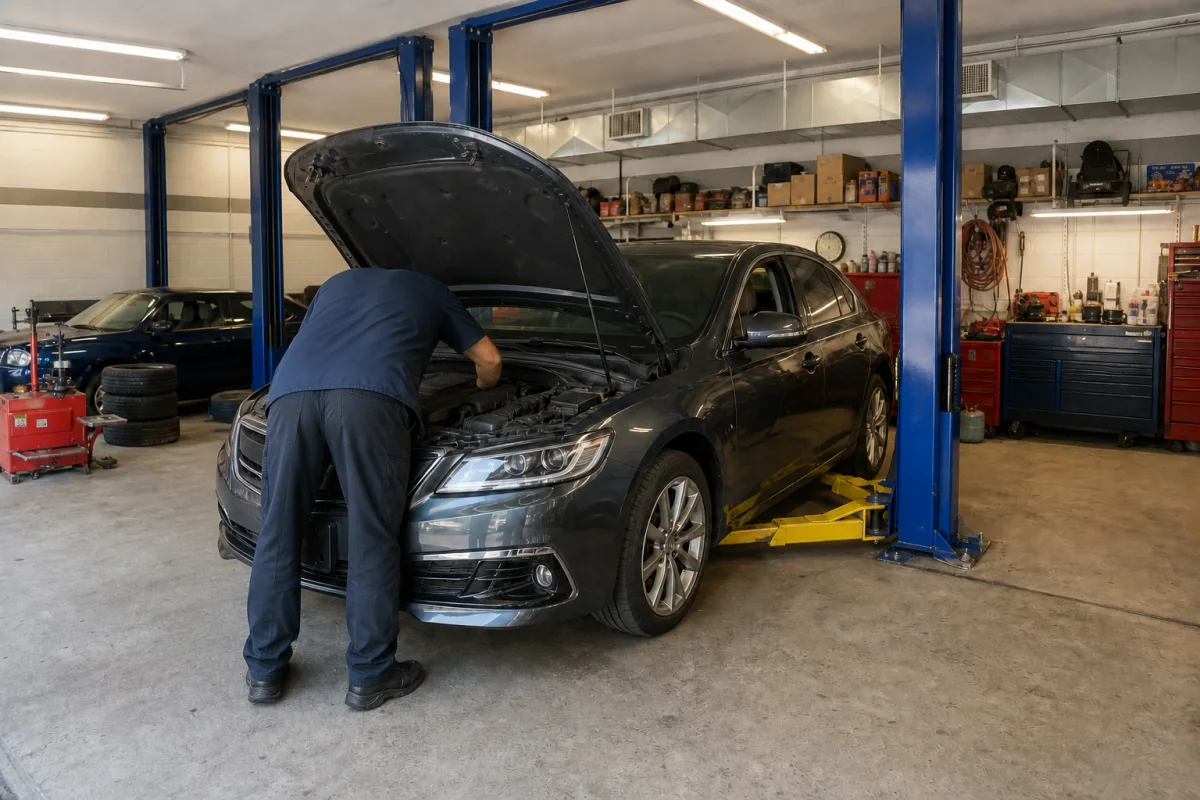 Dominick working beneath the hood of a sedan inside Checkered Flag Auto Service