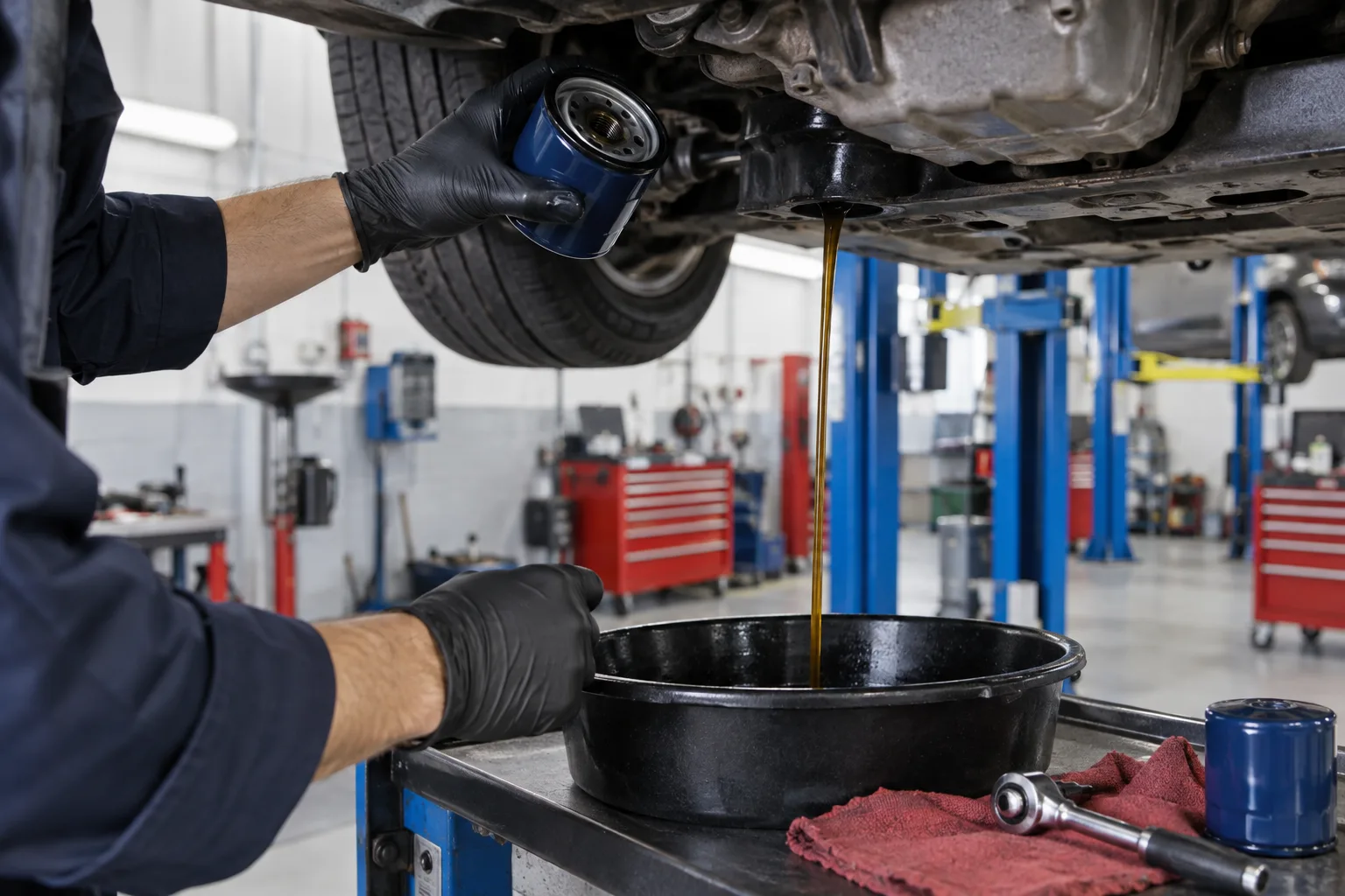 Fresh engine oil draining while a mechanic holds an oil filter