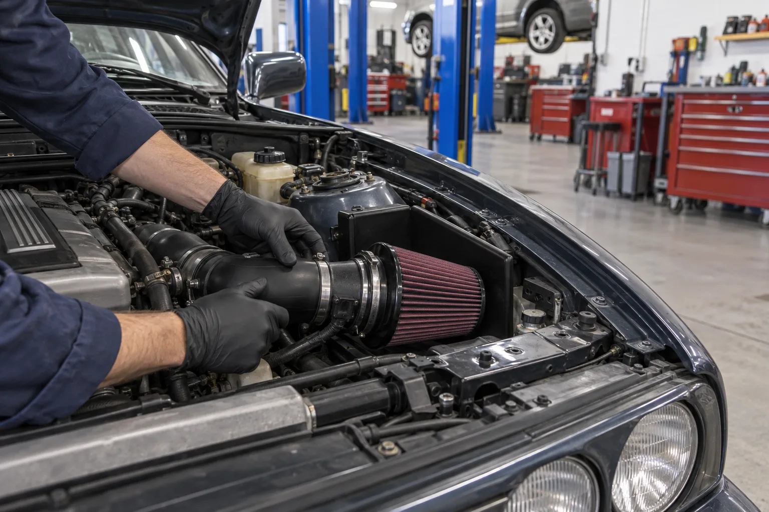 Mechanic fitting a performance intake in a classic car engine bay