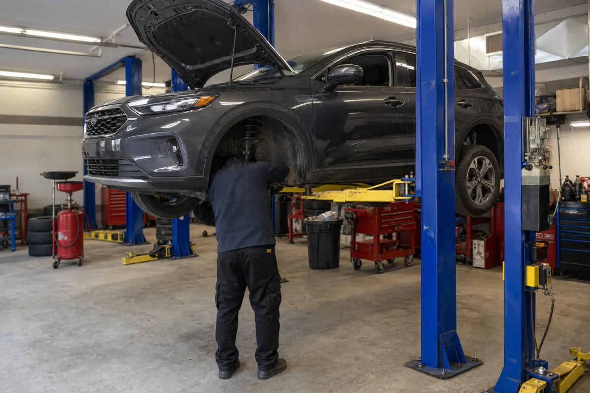 Four-wheel-drive sport utility vehicle raised on a blue shop lift