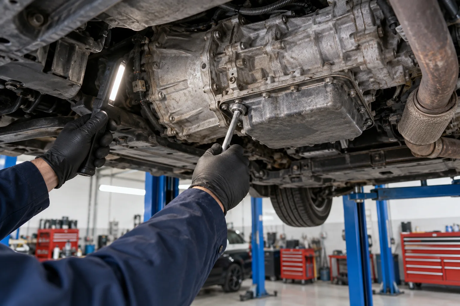 Mechanic inspecting a transmission beneath a vehicle on a lift
